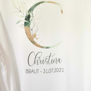 Morgenmantel Hochzeit Satin mit Spitze, Design Initial Eukalyptus- Wunschwort + Name | personalisiert