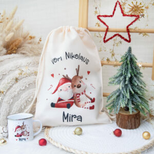 Nikolaussack Weihnachtsmann mit Rentier in 2 Farben | personalisiert